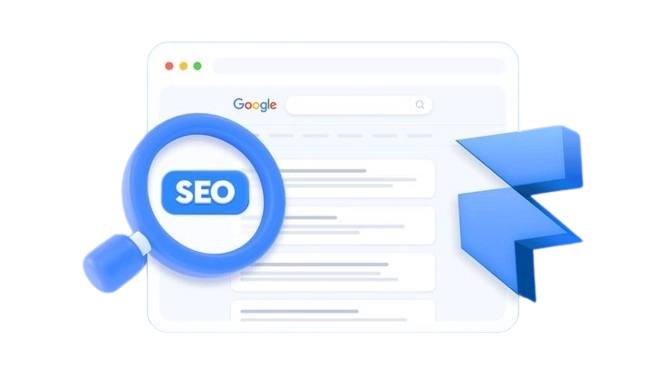A blue magnifying glass labeled “SEO” over a computer screen, with blue arrows pointing toward the screen, representing search engine optimization and website visibility.