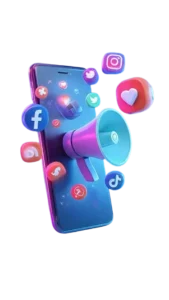 A stylized 3D illustration of a smartphone with a colorful megaphone, surrounded by floating social media icons, including Instagram, Facebook, Twitter, TikTok, Pinterest, and others. The design uses vibrant pink, purple, blue, and cyan gradients on a black background.