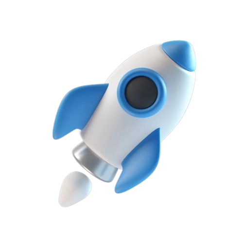 A stylized 3D rocket icon with a smooth white body, bright blue fins and nose, a dark circular window, and a small white exhaust plume, isolated on a black background.