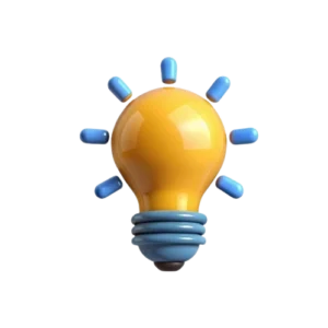 A stylized 3D light bulb icon with a glowing yellow bulb, blue base, and blue rays on a dark background.