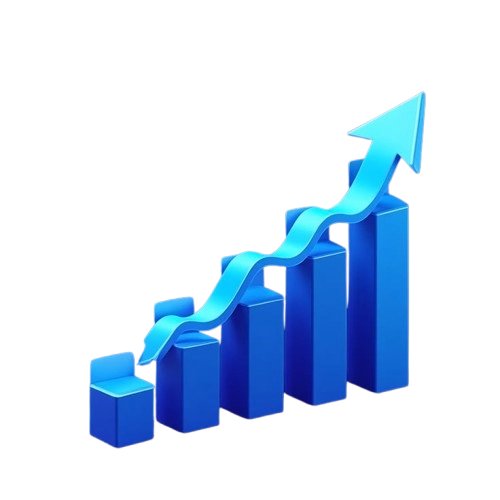 3D blue bar chart with six ascending bars and an upward-pointing arrow, symbolizing business growth, increasing sales, or financial progress.