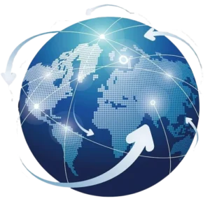 A blue digital globe showing a world map with multiple white arrows circling around it, representing global communication, connectivity, and information exchange.