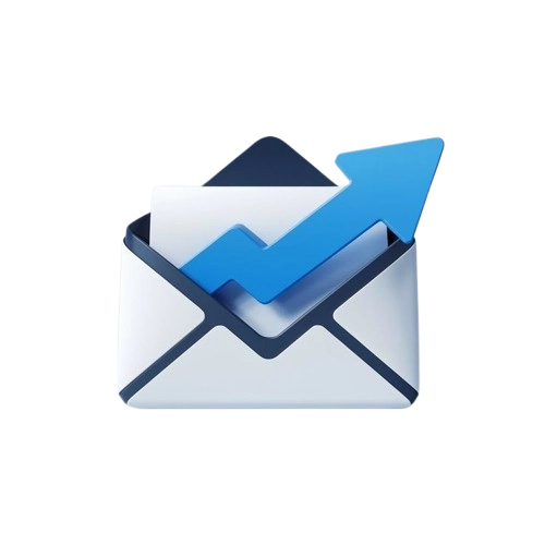 White envelope with a blue upward-pointing arrow emerging from it, symbolizing email, message sending, or communication growth.
