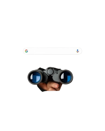 A close-up photo of a pair of binoculars with blue-tinted lenses against a dark background, with part of a person’s face visible behind the binoculars.