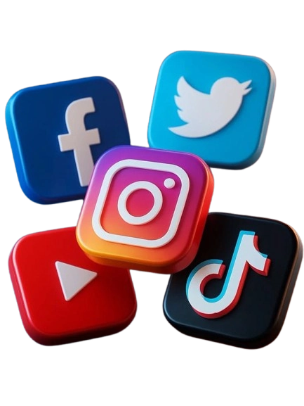 3D-style social media icons for Facebook, Twitter, Instagram, YouTube, and TikTok arranged on a dark background.